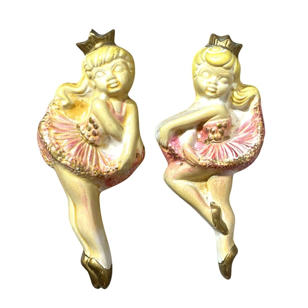 Vintage Mid Century Chalkware Dancing Ballerina Princess Wall Plaques Pair
